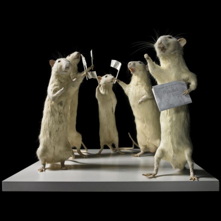 the last days of mankind , 1. Act / 1 Scene at the Sirk- corner. 1 Newspaper-seller, 4 passerbys. 2013 stuffed rats and requisites on wooden pedestals hight dimension of the scene: variable © Deborah Sengl, 2014 Photo: Mischa Nawrata, Wien