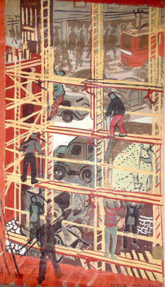 Hermine Aichenegg, Home-building I, 1953, Sketch for a sgraffito on a housing complex at Lenneisgasse 4–8, 14th district, Gouache, Purchased 2009, Collection Wien Museum